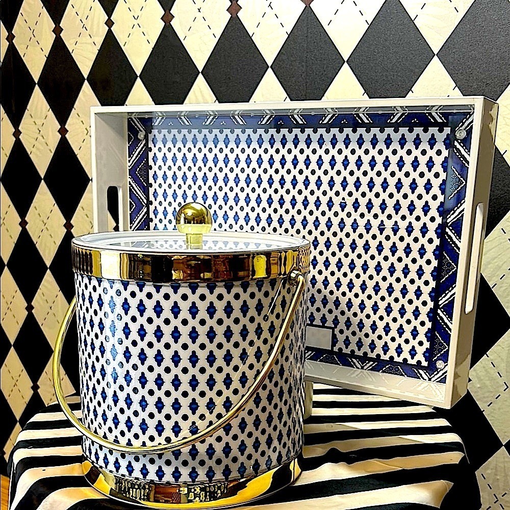 Blue & White Ice Bucket, Lid & Tray Set with Gold‎ Trim | Bar Cart Glam - Picture 5 of 14